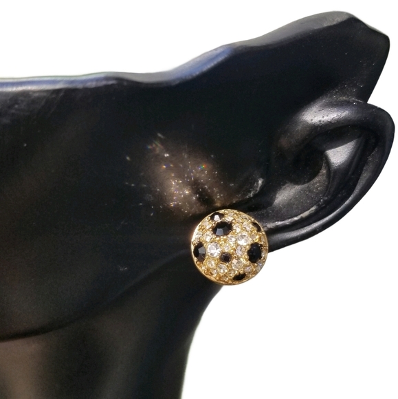 SWAROVSKI VINTAGE GOLDTONE WITH BLACK & WHITE CRYSTAL BUTTON EARRINGS - Picture 1 of 7